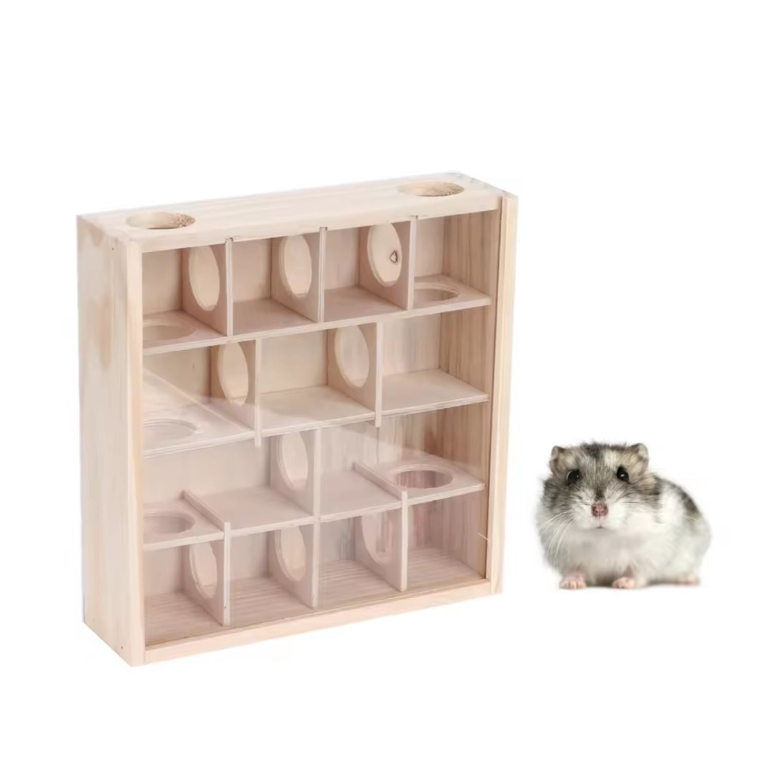 houten hamster doolhof staand zijaanzicht met grijze hamster